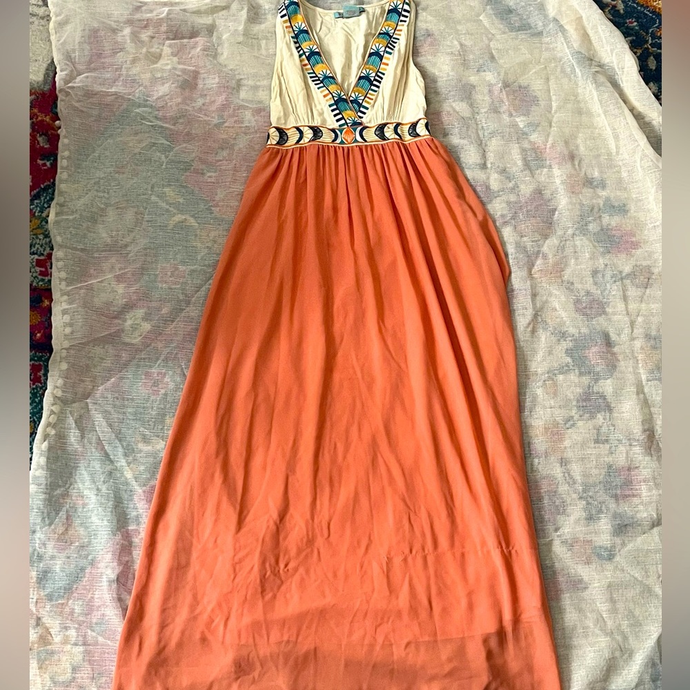 Flying tomato embroidered coral maxi dress